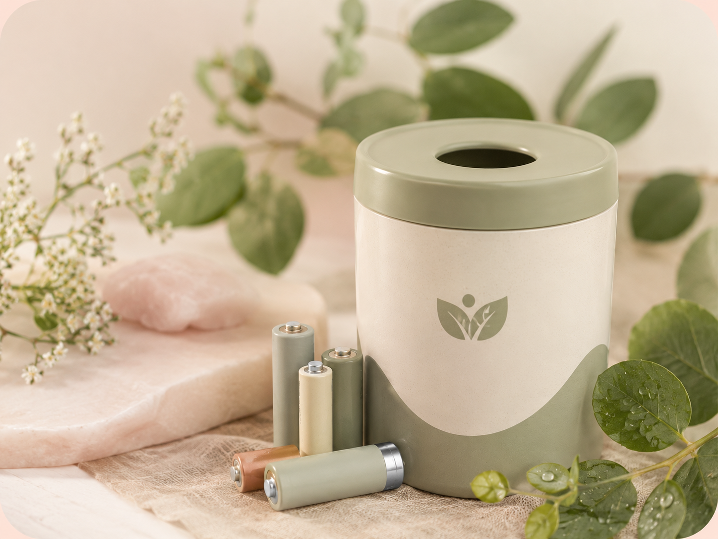 Contenedor ecológico para baterías usadas con hojas naturales